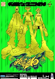 an advertisement for a skateboard game with three people standing on top of each other