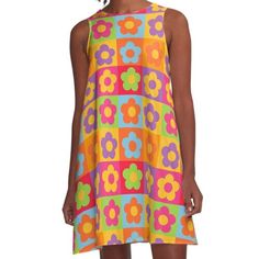 Loose-fit, mid-length sleeveless dress with silky handfeel. Printed on both sides. Machine washable. Size range XS-2XL. Choose Happy. Choose Joy. Choose Happy Flower Power Colors Seamless Pattern Print Multicolor A-line Sleeveless Dress With Floral Print, Summer Multicolor A-line Floral Dress, Summer Multicolor A-line Mini Dress, Multicolor A-line Floral Dress For Beach, Retro Printed Sleeveless Mini Dress, Retro Multicolor Sleeveless Dress For Spring, Retro Sleeveless Dress With Floral Print For Spring, Multicolor A-line Summer Floral Dress, Retro Sleeveless Midi Dress With Floral Print