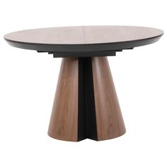 a wooden table with black legs and a round top on an isolated white background,