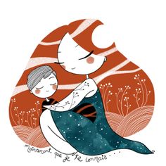 a drawing of a woman holding a child in her arms with the moon behind her