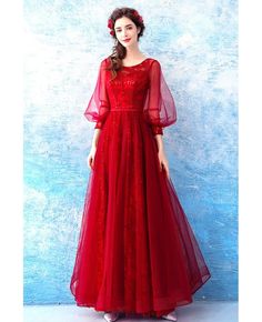 Buy Beautiful Red Sequin Wedding Party Dress With Flare Sleeves at wholesale price online. Free shipping and pro custom service since 2009. Festive A-line Evening Dress For Wedding, Red Evening Dress For Banquet During Prom Season, Red A-line Ball Gown For Formal Occasions, Red Long Sleeve Banquet Dress, Fitted Long Sleeve Evening Dress For Ceremony, Long Sleeve Red Dress With Sweep Train, Red Long Sleeve Dress With Sweep Train, Holiday A-line Wedding Gown, Elegant Red Long Sleeve Ball Gown