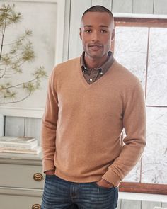 A luxe essential for the guy in your life. This jersey-knit cashmere V-neck looks polished whether on its own or layered over a T-shirt or button-down. As a bonus, he can toss it right into the wash.  Exclusive. V-neckline.  Long sleeves.  Ribbed neckline, cuffs, and hem. Casual Cashmere V-neck Sweater, Casual Cashmere V-neck Sweater For Layering, Classic Brown V-neck Sweater For Work, Classic Cashmere V-neck Sweater, Classic V-neck Sweater, Casual Brown Cashmere Top, Casual Brown V-neck Sweater For Layering, Cashmere Tops For Business Casual In Fall, Everyday Relaxed Fit V-neck Sweater