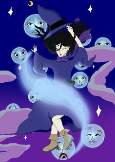 a woman in a witches costume is surrounded by blue and purple monsters, with her hands on her head