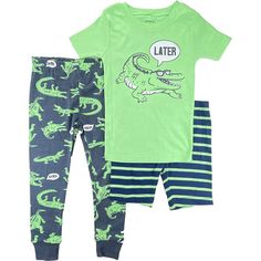 A Set Of Three Makes Getting Ready For Bed Stress Free Cotton Pjs Are Not Flame Resistant But Do Not Worry They Are Designed With A Snug And Stretchy Fit For Safety And Comfort Playful Green Sets For Pajama Party, Green Short Sleeve Sets For Sleepover, Green Cotton Sleepover Sets, Cute Green Cotton Sleepwear, Playful Green Sets For Sleepover, Playful Green Sets For Sleepovers, Playful Green Sleepover Sets, Cute Green Sleepwear For Bedtime, Cute Green Short Sleeve Sleepwear