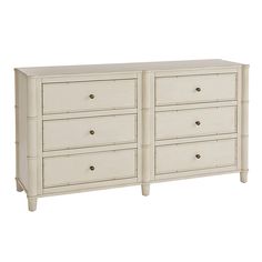 a white dresser with four drawers and two doors on each side, in front of a white background