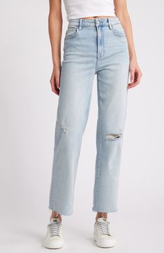 Made to look like well-loved favorites, these stretchy straight-leg jeans are distressed with threadbare rips, bleach splatters and ankle-grazing raw hems. 28" inseam; 11 1/2" front rise Zip fly with button closure Five-pocket style 93% cotton, 5% polyester, 2% spandex Machine wash, tumble dry Imported Spring Distressed Straight Leg Jeans, Straight Leg Distressed Jeans For Spring, Spring Straight Leg Distressed Jeans, Distressed Straight Denim Jeans, Straight Distressed Denim Jeans, Trendy Straight Distressed Jeans, Trendy Distressed Straight Leg Cropped Jeans, Trendy Distressed Straight Bottoms, Trendy Distressed Straight Jeans