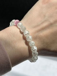 Medium clear cracked quartz. Singular pink stone to add a little flare. Pink Stone, Arm Band, Favorite Jewelry, Embellishments, Jewelry Bracelets, Handmade Items, Accessory Gift, Beaded Bracelets, Electronic Accessories