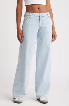 A low-rise waist complements the slouchy silhouette of these nonstretch-denim jeans cast in the perfect faded wash. 32 1/2" inseam; 22" leg opening; 10" front rise; 14 1/2" back rise (size 29) Zip fly with button closure Front slant pockets; back patch pockets 100% cotton Machine wash, tumble dry Imported Baggy Light Jeans, Cutesy Outfit, Baggy Wide Leg Jeans, Pacsun, Wide Leg Jeans, Bottoms Pants, Jeans Pants, Leg Jeans, Low Rise