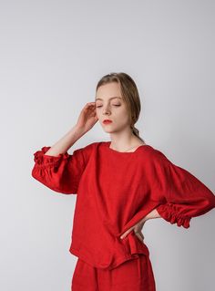 "So beautiful and romantic blouse for you. Simple design - just the wide sleeves with ruffles and nice square form neck - looking stunning - wide sleeves BLOUSE DETAILS: -Square neck and oversize fit. -Blouse with 3/4 length wide sleeves finished with elastic and ruffles -Blouse length at back - 59 cm ( 23\") -Made in certified by OEKO-TEX standard linen (no harmful substances) -Item washed and softened You can wear at home, for work at garden, for weekends picnics and special occasions On main Oversized Blouse With Gathered Balloon Sleeves, Oversized Balloon Sleeve Blouse With Gathered Sleeves, Billowy Top With Gathered Lantern Sleeves, Flowy Peasant Top With Blouson Lantern Sleeves, Oversized Blouse With Blouson Puff Sleeves, Oversized Puff Sleeve Top With Gathered Sleeves, Oversized Tops With Gathered Puff Sleeves, Flowy Puff Sleeve Tops With Elastic Sleeves, Oversized Summer Blouse With Gathered Sleeves