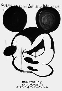 a mickey mouse drawing with black and white ink