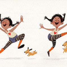 three images of a woman jumping in the air with her legs spread out and two dogs running behind her