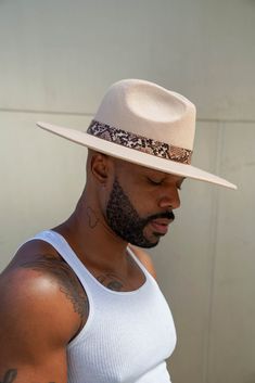 "The chicest hat we have ever made, classic silhouette. With snake details. Spot Clean Brim 10.5 cm/4 Inch Hat Crown Circumference 23-24\" Leave 1 Inch Room For Error As The Hats Are Hand Manually Measured. Can be adjusted to made smaller with internal size adjuster" Friends Exploring, Walnut Cream, Mens Hats Fashion, Hat Fedora, Embroidered Ribbon, Wide Brim Fedora, Dapper Gentleman, Elegant Hats, Well Dressed Men