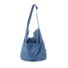 a blue denim bag on a white background