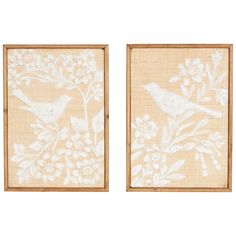 two framed wall hangings with birds and flowers on the same panel, one in white