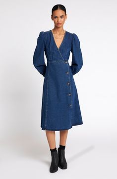 Jolena Denim Midi Dress at Joie Long Sleeve Indigo Denim Dress, Chic Fall Midi Denim Dress, Chic Denim Dress For Casual Occasions, Chic Indigo Knee-length Denim Dress, Chic Midi-length Denim Dress, Chic Indigo Denim Dress For Work, Chic Midi-length Denim Dress For Casual Wear, Chic Denim Midi Dress For Casual Wear, Mid-length Denim Blue Dress