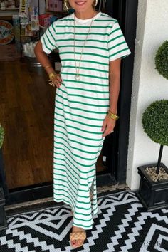 Lasaky - Vacation-Ready Maxi Dresses with Stripes and Side Slits Green Maxi Dress With Side Slits, Casual Long Striped Dresses, Casual Dresses With Side Slits And Split Hem, Casual Long Green Maxi Dress, Green Maxi Dress For Day Out, Casual Dresses With Side Slits For Day Out, Casual Dress With Side Slits For Day Out, Green Maxi Dress With Side Slits For Summer, Casual Green Dresses With Side Slits