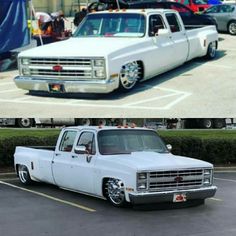 two pictures side by side one has a white pickup truck and the other has a red pick up truck