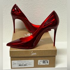 Condition: New And Unused Accessories: Dust Bags, Heel Replacement Tips Measurements: 39.5 Eu / 9.5 Us Designer: Christian Louboutin Model: Women's Kate 100 Patent Leather Pointed Toe Pump Material: Patent Psychic/ Lining Color: Loubi Red Authentic Christian Louboutin Purchased From Neiman Marcus Original Box Included Evening Gown Shoes, Vintage Louboutin Heels, Red Fancy Heels, Red Sparkle Shoes, Red Designer Heels, Christian Louboutin Heels Aesthetic, Louboutin Heels Aesthetic, Red Louboutin Heels