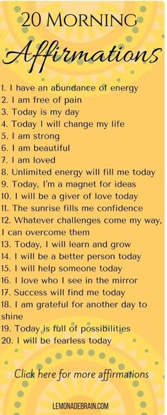 a yellow and black poster with the words 20 morning affirmations on it