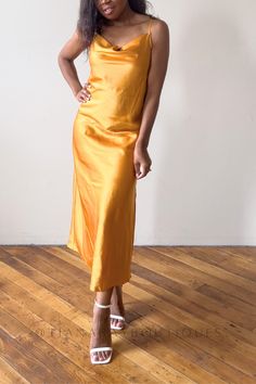 Add a touch of sophistication to your wardrobe with the Golden Glow Cowl Neck Slip Midi Dress. Gold Slip Dress, Cowl Neck Slip Dress, Slip Midi Dress, Classy Dresses, Golden Glow, Classy Women, Classy Dress, Luxury Fabrics, Neck Designs