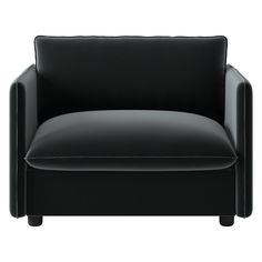 a black leather chair sitting on top of a white floor