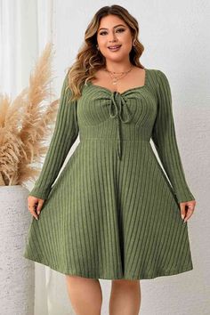 Features: Tied Sheer: Opaque Stretch: Slightly stretchy Body: Not lined Material composition: 95% polyester, 5% elastane Care instructions: Machine wash cold. Tumble dry low. Imported Product measurements: 1XL: front length 37.8 in, shoulder 16 in, bust 39 in, waist 32.8 in, sleeve length 23.6 in, hip 47.6 in2XL: front length 38.6 in, shoulder 16.6 in, bust 41.3 in, waist 35.1 in, sleeve length 24.2 in, hip 51.5 in3XL: front length 39.4 in, shoulder 17.2 in, bust 43.7 in, waist 37.4 in, sleeve l Long Sleeve Ribbed Dress, Sukienki Plus Size, Look Plus Size, Ribbed Dress, Sweetheart Dress, Matcha Green, Maxi Dress Formal, Curvy Dress, Ribbed Dresses