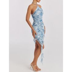 Discover Summer Elegance Step into the sunshine and steal the spotlight at every summer soirée with our Blue Floral Ruffle Mini Dress. This exquisite piece combines a playful print with a seductive silhouette, making it a must-have for your wardrobe this season. Whether you're attending a chic beach party or a trendy club night, this dress ensures you look breathtakingly beautiful. Product Features Crafted with care, the dress features a flattering halter neckline and a daring backless design, p Printed Halter Neck Mini Dress For Party, Fitted Light Blue Mini Dress For Summer, Blue Printed Mini Dress For Party, Light Blue Halter Neck Mini Dress For Summer, Chic Printed Dresses For Summer Parties, Light Blue Mini Dress For Summer Evenings, Light Blue Mini Dress For Evening In Summer, Light Blue Summer Party Dress, Blue Printed Mini Dress For Summer