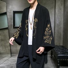 Dragon Embroidered Hanfu Cropped Cardigan Black Cardigan With Kimono Sleeves For Spring, Casual Black Long Sleeve Kimono, Fitted Long Sleeve Spring Kimono, Spring Fitted Long Sleeve Kimono, Spring Long Sleeve Fitted Kimono, Casual Embroidered Black Cardigan, Casual Black Embroidered Cardigan, Casual Embroidered Fall Kimono, Casual Long Sleeve Cardigan With Floral Embroidery