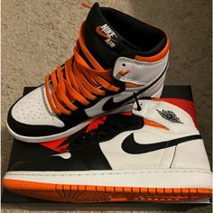 Shoes Are Lightly Worn, Have A Few Dirt Spots On Them That Can Cleaned, Kids Size 7 Comes With Original Box And 3 Additional Shoelaces(Orange,White, And Black) Kids Jordan, Cute Nike Shoes, Cute Nikes, Swag Shoes, Kids Jordans, Jordan 1 Retro, Orange White, Jordan Shoes, New Kids