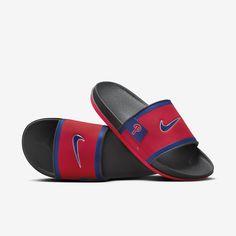 Rep the Philadelphia Phillies all the way down to your feet in these Offcourt slides. A cushioned synthetic leather strap features your team's logo, while an innovative foam midsole makes this slide so comfy, you’ll never want to take it off. Foam Slides With Round Toe And Rubber Sole, Foam Slides With Rubber Sole And Round Toe, Nike Non-slip Slides, Sporty Open Toe Slippers With Cushioned Footbed, Synthetic Slide Slippers With Rubber Sole, Synthetic Slide Slippers With Removable Insole, Sporty Synthetic Open Toe Flip Flops, Synthetic Slides With Rubber Sole And Round Toe, Synthetic Slides With Rubber Sole