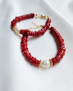 Aegean Coral: This beautiful bracelet is made from natural Red Coral and a Baroque Pearl and closed with a 24K gold plated brass clasp. This necklace is 17.5 cm in length plus 4 cm extension chain. The length can be adjusted as per your instruction. The price is for a single bracelet. Elegant Red Coral Beaded Bracelets For Gift, Elegant Red Coral Beaded Bracelet Gift, Gift Red Coral Bracelet With Gemstone Beads, Elegant Red Coral Adjustable Bracelet, Elegant Adjustable Red Coral Bracelet, Red Gemstone Beaded Bracelet Bohemian Style, Elegant Red Coral Beaded Bracelets With Adjustable Fit, Gold Red Coral Bracelets As Gift, Gold Red Coral Bracelets For Gifts