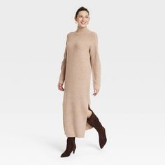 Women's Long Sleeve Midi Sweater Dress - Universal Thread™ Tan XL Long Sleeve Solid Sweater Dress For Fall, Long Sleeve Sweater Dress In Solid Color For Fall, Winter Midi-length Sweater Dress, Solid Knit Sweater Dress For Fall, Knit Sweater Dress For Fall, Beige Stretch Sweater Dress For Winter, Elegant Oversized Sweater For Fall, Elegant Oversized Fall Sweater, Elegant Sweater Dress For Work In Fall