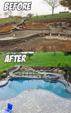 before and after pictures of a backyard with a pool in the foreground, an above ground swimming pool is being built