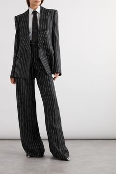 "An exploration of beauty and power through tailoring" is how Alexander McQueen describes its Fall '23 collection. Worn on the runway with the matching blazer, a crisp white shirt and tie, these pants are cut from fluid wool-twill with a high-rise waist and wide legs that pool to the floor. Zoom in to notice the broken pinstripes. Pant Suits For Women, Alexander Mcqueen Clothing, Tie Women, Pinstripe Pants, Pinstripe Suit, Crisp White Shirt, Cotton Poplin Shirt, Mode Inspo, Pantalon Large