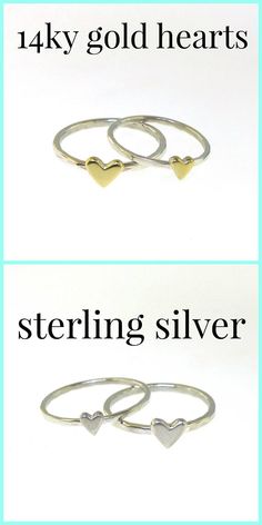 I am really excited about these dainty little rings! They are perfect for stacking with my other ring styles and are really cute worn on their own too! The bands are made out of solid sterling silver, and the hearts are made out of your choice of either solid sterling silver or solid Adjustable Heart Shaped Stackable Rings For Everyday, Dainty Tiny Heart Ring For Everyday, Dainty Heart Ring For Everyday, Stackable Heart Ring For Everyday And Valentine's Day, Stackable Heart Midi Rings For Gift, Everyday Stackable Heart Ring, Stackable Everyday Heart Ring, Minimalist Stackable Rings With Heart Charm For Promise, Heart Shaped Stackable Rings For Everyday