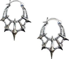 Gothic Horned Metal Jewelry, Horned Gothic Metal Jewelry, Edgy Silver Earrings For Festival, Silver Gothic Plug Earrings For Festival, Gothic Oxidized Metal Earrings, Gothic Metal Jewelry With Spikes, Silver Gothic Hoop Earrings, Gothic Silver Earrings With Oxidized Finish, Gothic Silver Hoop Earrings For Pierced Ears