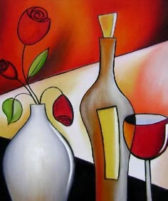 a painting of vases and wine glasses on a table