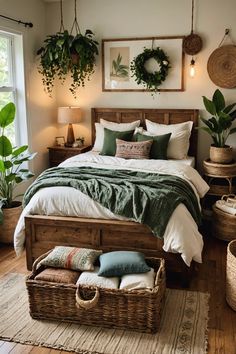 a large bed sitting next to a window in a room with plants on the wall