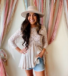 Color is a pale blush. This boho tunic is super lightweight and absolutely gorgeous with the fringe detailing on the arms and the lace throughout the top side of the tunic. •I recommend sizing up in this tunic for the best fit. Summer Bohemian Beige Tunic, White Flowy Bohemian Tunic, Bohemian V-neck Tunic With Chikankari Embroidery, White Bohemian Free-size Tunic, Flowy Bohemian V-neck Tunic, Chanel Handbags Classic, Boho Tunics, Pink Outfit, Fall Outfits Women