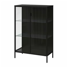 a black bookcase with glass doors on the front and bottom shelves, against a white background