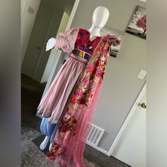 These Are New And Unused Dress With Long Scarf And Pants Fits On M And L Size Pink Traditional Drape Dress For Spring, Traditional Pink Dress For Spring, Pink Spring Dress With Traditional Drape, Pink Floor-length Dress With Floral Embroidery, Pink Floral Embroidered Floor-length Dress, Pink Floral Embroidery Floor-length Dress, Silk Festival Dress With Dupatta, Pink Silk Dresses With Floral Embroidery, Pink Silk Dress With Floral Embroidery