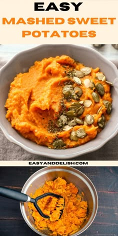 mashed sweet potatoes in a bowl with pumpkins and pistachio cheese on top