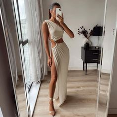 One Shoulder High Split O-Ring Long Maxi Dress – Free From Label High Split Dress, Cut Out Maxi Dress, Spring Maxi Dress, Maxi Dress Outfit, Split Maxi Dress, White Dresses For Women, Split Dress, Maxi Robes, Cutout Dress