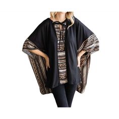 Thanks For Checking Out Our Fabulous Posh Closet!! All Of Our Items Are New With Tags! Never Worn Or Used <3 - Description: This Cindy One Size Poncho Top, Made From Soft, Silky Fabric, Features A V-Neckline And A Patterned Design For A Stylish, Versatile Fit That Accommodates Sizes S To 3x. - We Ship From Multiple Warehouses So It's Not Possible For Us To Bundle - Because All Of Our Merchandise Is Brand New And Often Times In Original Packaging, Extra Photos Or Measurements Cannot Be Provided - Black Long Sleeve Poncho For Beach, Black Long Sleeve Beach Poncho, Black One Size Beach Poncho, Black Beach Poncho One Size, Black One Size Poncho For Beach, Oversized Black Bohemian Top, Black Oversized Bohemian Cape, Bohemian Black Poncho For Fall, Chic Black Cape Poncho