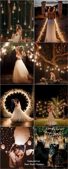 wedding photos taken at night with fairy lights