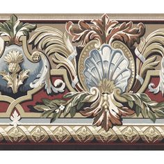 an ornate border with flowers and leaves in gold, blue, red and beige colors