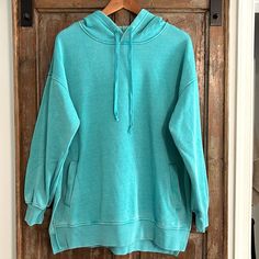 Nwot - Filly Flair Turquoise/Aqua Blue/Green Hoodie Sweatshirt Size L Split Sides Front Pockets Leggings Approved Super Soft And Cozy Acid Washed Look Clean Smoke Free Home Blue Oversized Comfy Sweatshirt, Light Blue Long Sleeve Top With Drawstring Hood, Light Blue Long Sleeve Hooded Top, Blue Oversized Comfy Hoodie, Comfy Blue Top For Fall, Oversized Blue Comfortable Sweatshirt, Comfy Blue Tops For Fall, Oversized Comfy Blue Hoodie, Comfy Oversized Blue Hoodie