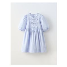 POPLIN DRESS WITH BOWS Fitted Short Sleeve Puff Sleeve Dress, Short Sleeve Cotton Dress For Dress-up, Solid Color Short Sleeve Dress For Dress-up, Blue Puff Sleeve Dress For Dress-up, Summer Dress-up Dresses With Buttons, Cotton Puff Sleeve Dress With Button Closure, Cute Blue Dresses With Button Closure, Cute Blue Dress With Button Closure, Cotton Dresses With Button Closure For Daywear