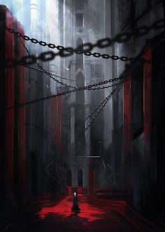 a person walking down a dark alley with chains hanging from it's sides and buildings in the background