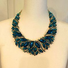 Absolutely Beautiful Blue Rhinestone Necklace With Gold For The Night On The Town Or However You Want To Wear It. Never Been Worn. Price Tag Still On Necklace. Blue Jewel Necklaces For Parties, Blue Jeweled Party Necklaces, Blue Jeweled Necklaces For Party, Sapphire Necklaces With Jewels For Party, Turquoise Jeweled Necklace For Party, Blue Jeweled Necklace For Party, Blue Evening Necklaces With Sparkling Stones, Evening Blue Necklaces With Sparkling Stones, Blue Crystal Necklace In Costume Jewelry Style